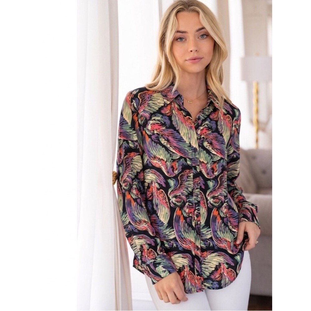 True Religion Silk Angel Wing All Around Print Button Collar Long Sleeve Blouse